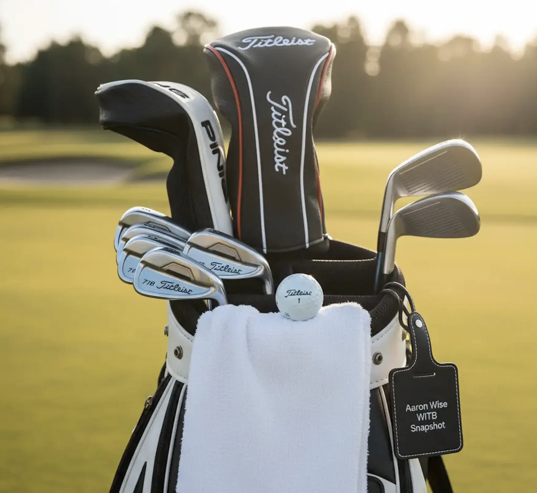 Close-up of Aaron Wise's golf bag showing Ping or Titleist clubs and his preferred ball
